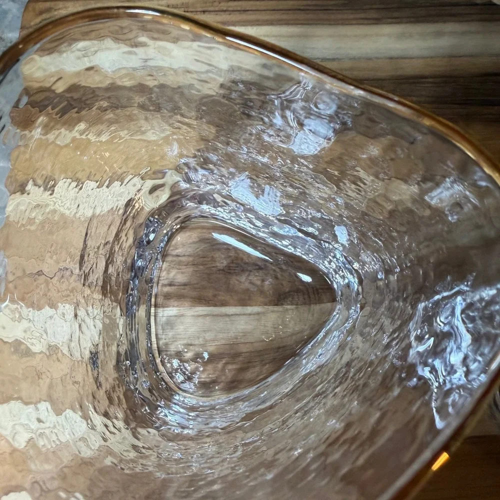 Vintage Hammered Gold Rim Triangular Whiskey Glasses Set of 2 Rocks Glass Clear